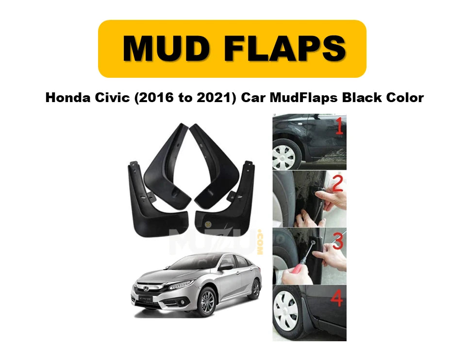 Car Mud Flaps Honda Civic 2016-2021 – Black 4 Pcs Set with Color Box (Pakistan)