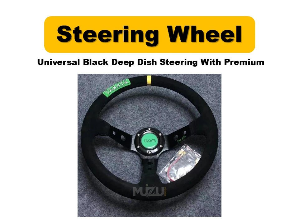Universal Black Deep Dish Steering Wheel – Premium Alcantara Grip for Sport & Comfort