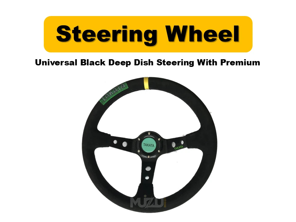 Universal Black Deep Dish Steering Wheel – Premium Alcantara Grip for Sport & Comfort