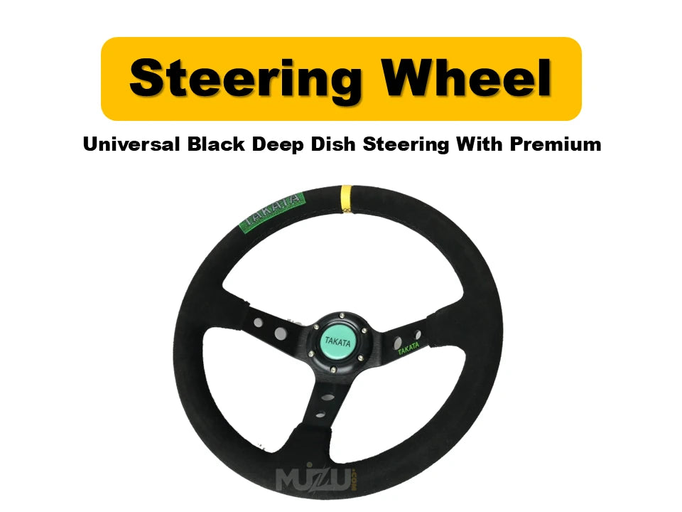 Universal Black Deep Dish Steering Wheel – Premium Alcantara Grip for Sport & Comfort