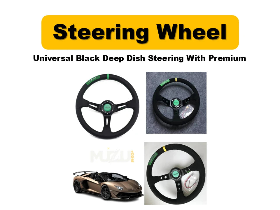 Universal Black Deep Dish Steering Wheel – Premium Alcantara Grip for Sport & Comfort
