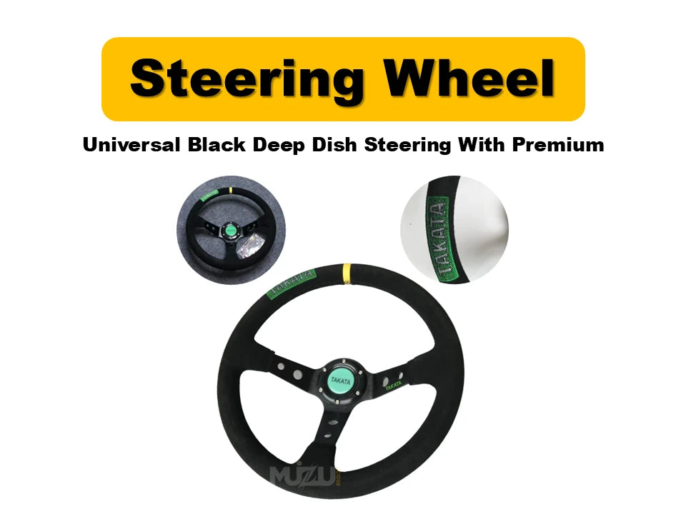 Universal Black Deep Dish Steering Wheel – Premium Alcantara Grip for Sport & Comfort