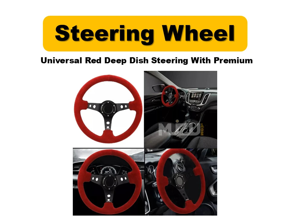 Universal Red Deep Dish Steering Wheel – Premium Alcantara Grip, Sport & Comfort
