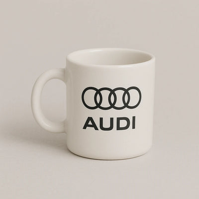 Audi Logo Mug – Premium White Ceramic Coffee Cup for German Car Enthusiasts