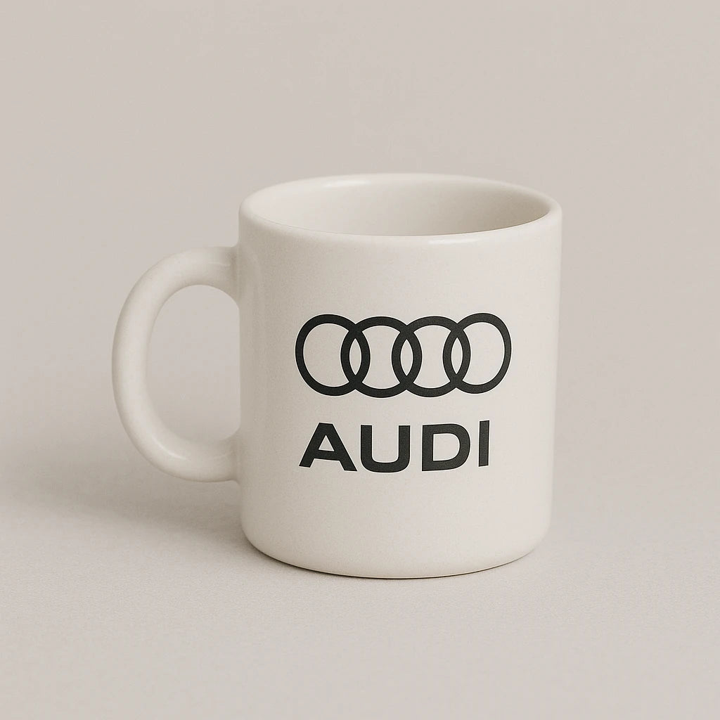 Audi Logo Mug – Premium White Ceramic Coffee Cup for German Car Enthusiasts